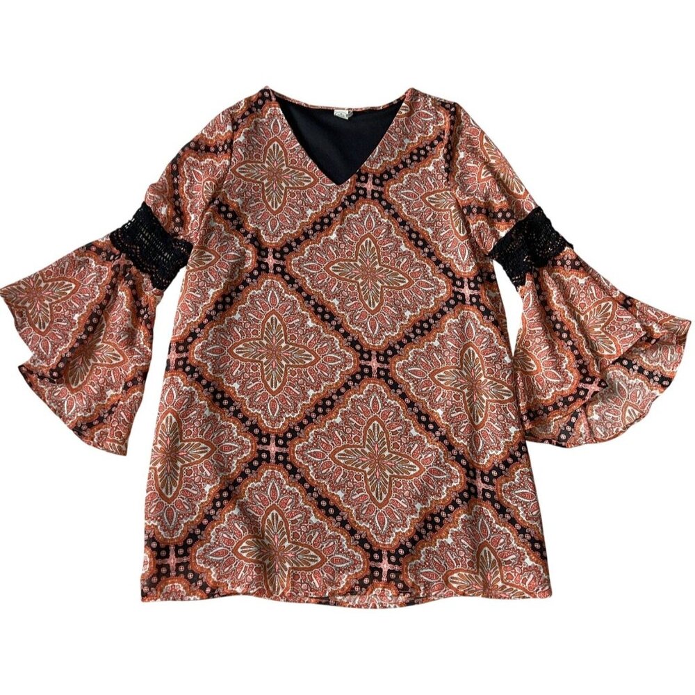 Paper Crane Anthropologie M Fairy Boho Mini Dress Orange Paisley Bell Sleeves